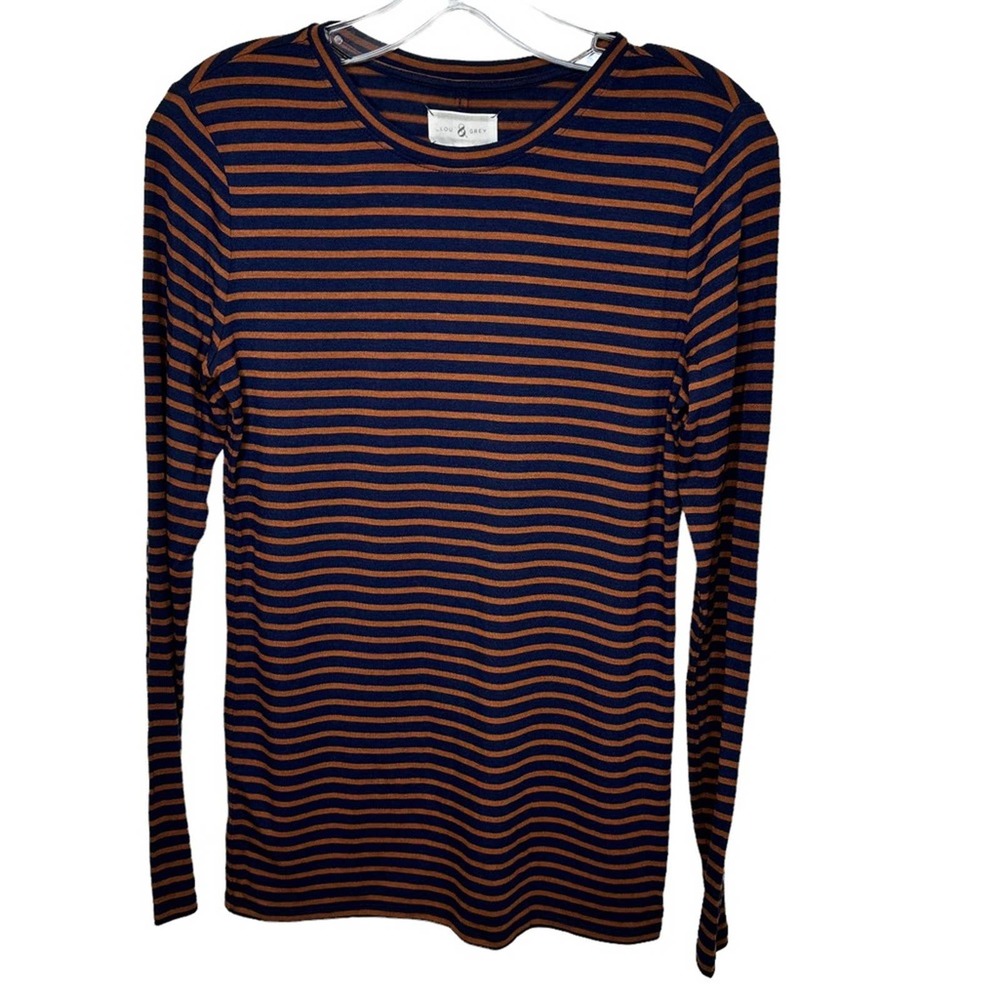 LOU & GREY Super Soft Navy and Tan Striped Long Sleeve T-Shirt Size Small